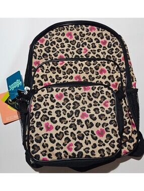 Leopard Print Backpack with Pink Heart Accents, 17 Inch, New with Tags
